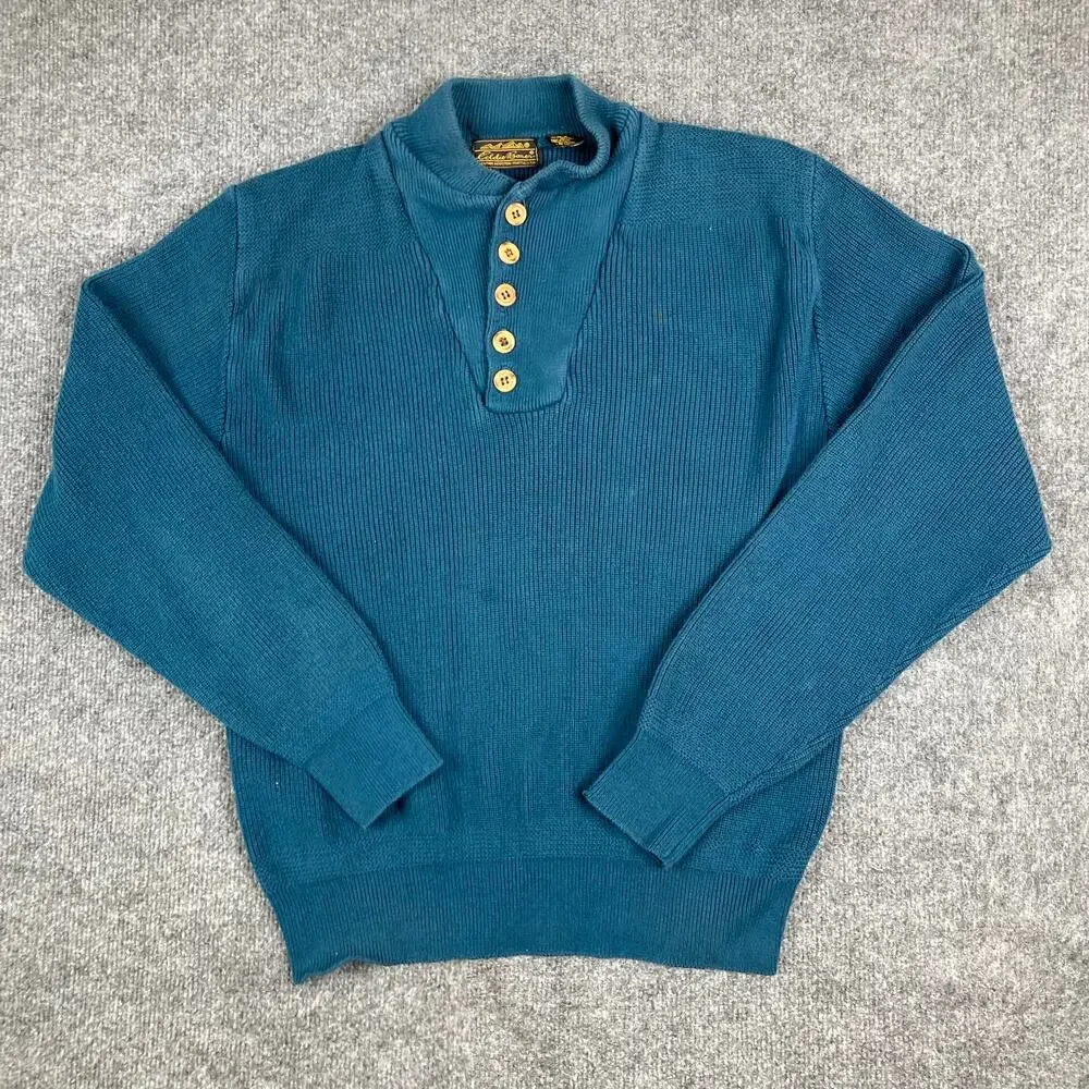 Eddie Bauer Sweater‎ Mens Size L Teal Cotton Rib Knit Henley Button Pullover